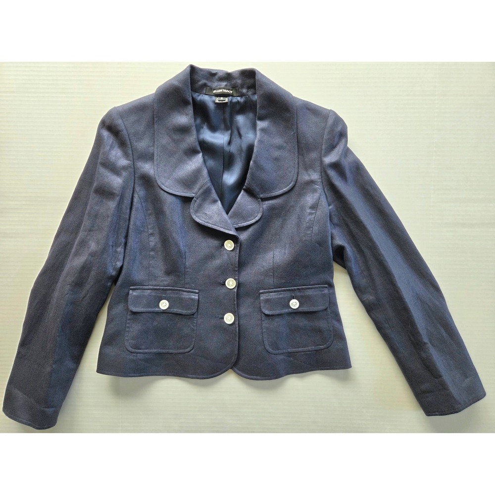 Ellen Tracy Navy Blue Cotton Linen Blend Blazer Jacket Rounded Lapel Size 8